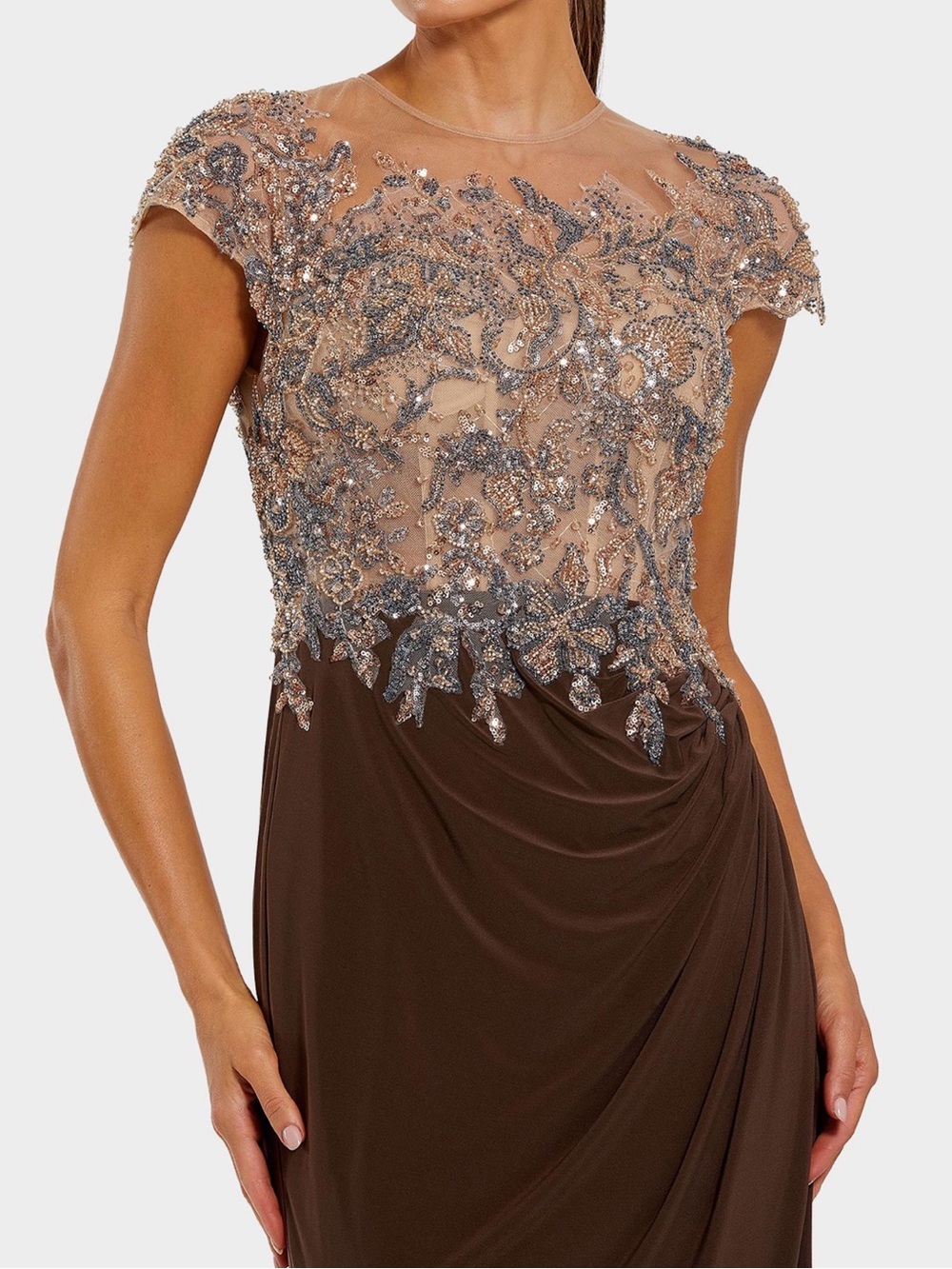 Mac Duggal Brown High Neck Embellished Jersey Gown